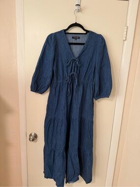 Blu Pepper Blue Tie-Front Tiered Midi Dress